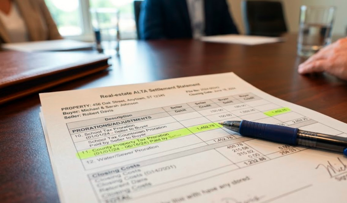 Tax proration at closing Ohio shown on a settlement statement for a Toledo rental