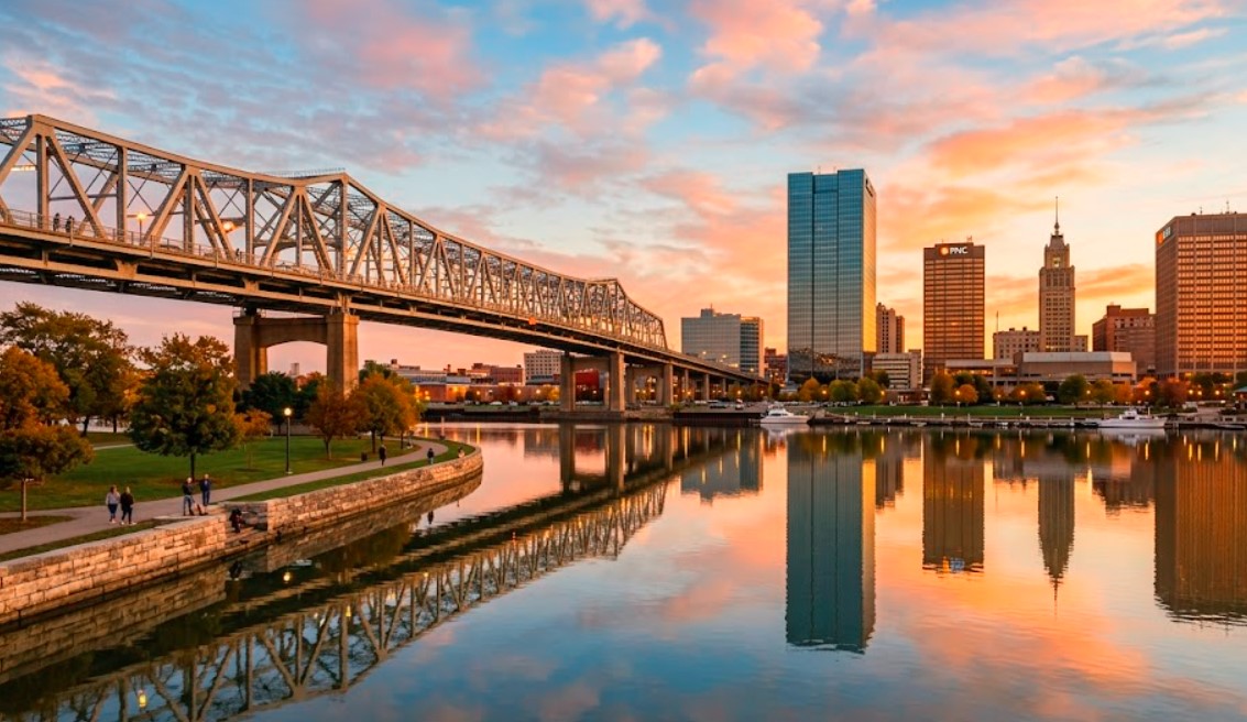 Toledo Ohio skyline and employers behind affordable rental property Ohio cash flow