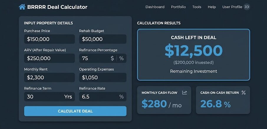 Free BRRRR calculator showing deal inputs and instant results