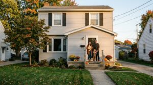 Rent-to-own home in Toledo, Ohio with a young family on the front porch planning to buy